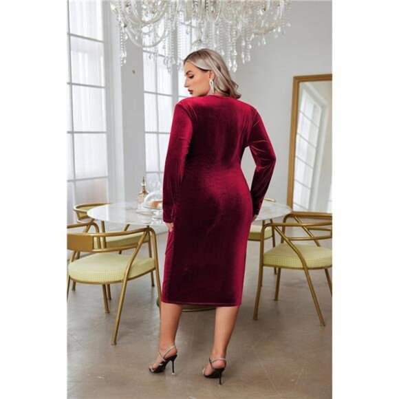 NWT Plus Size Red Velvet Long Sleeve Holiday Bodycon Dress, Soft Stretchy, Wrap - Picture 2 of 6